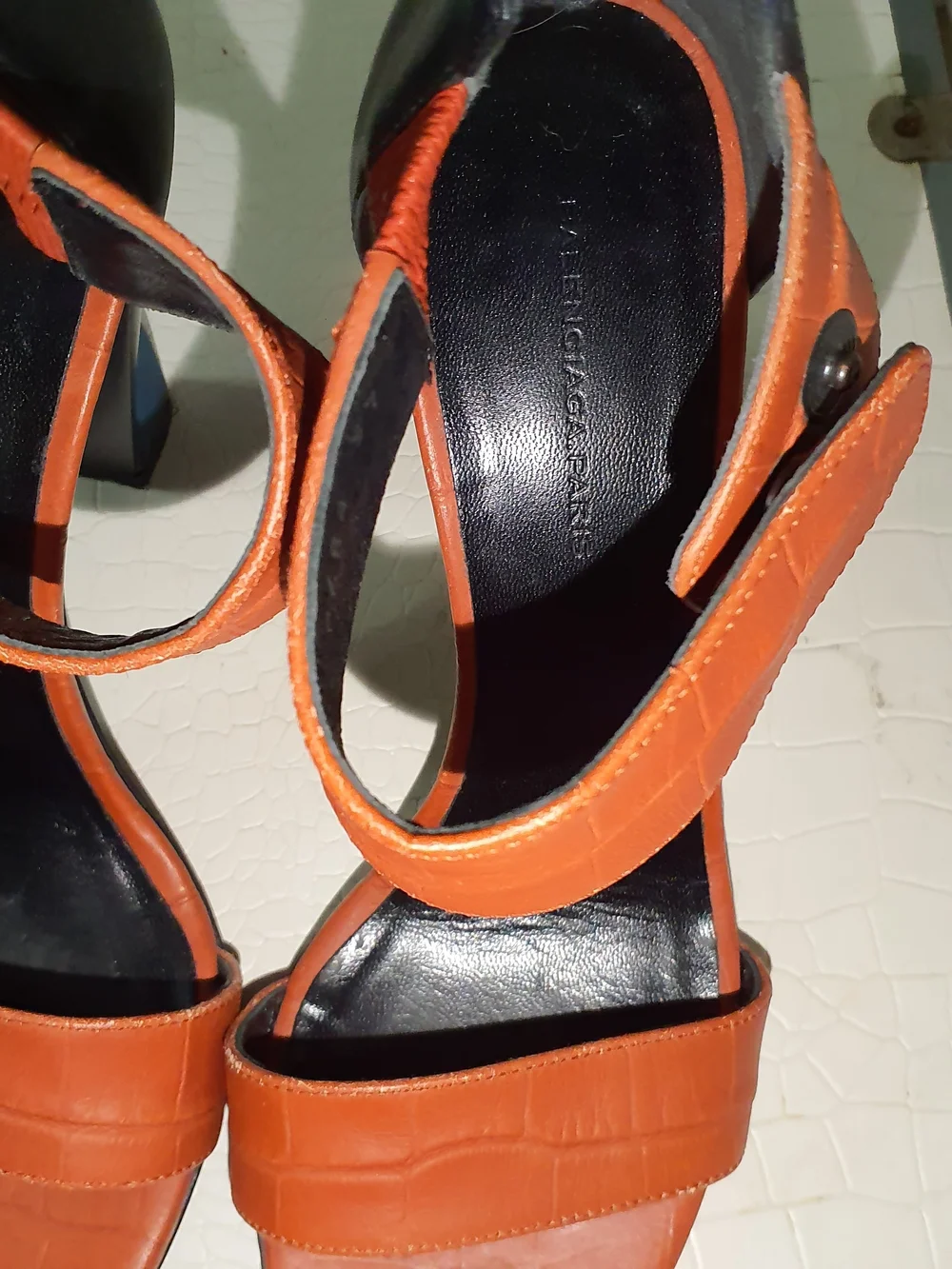 Balenciaga Orange and Black Block Heel Sandals with Blue Accent